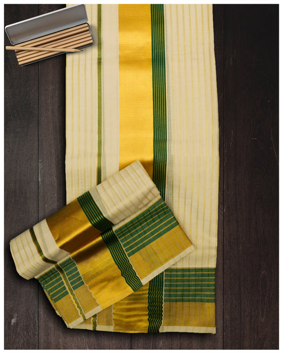 Cotton Set Mundu With Kasavu and green Kara golden stripes