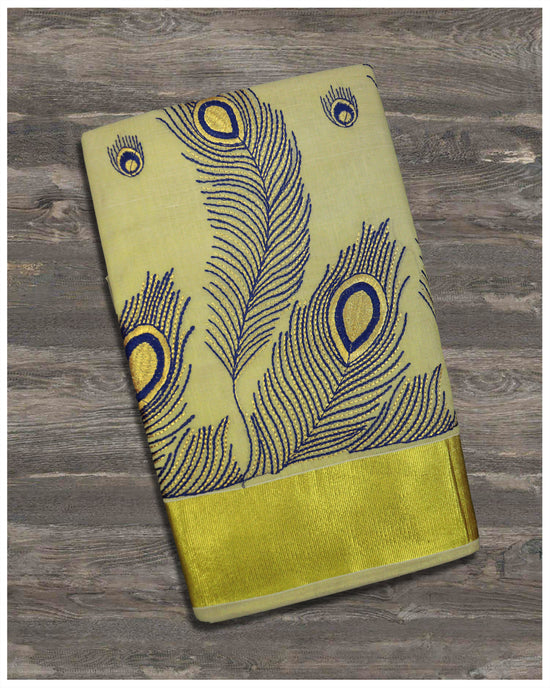 Golden Tissue Set Saree with Kasavu Kara And Blue Thread Work
