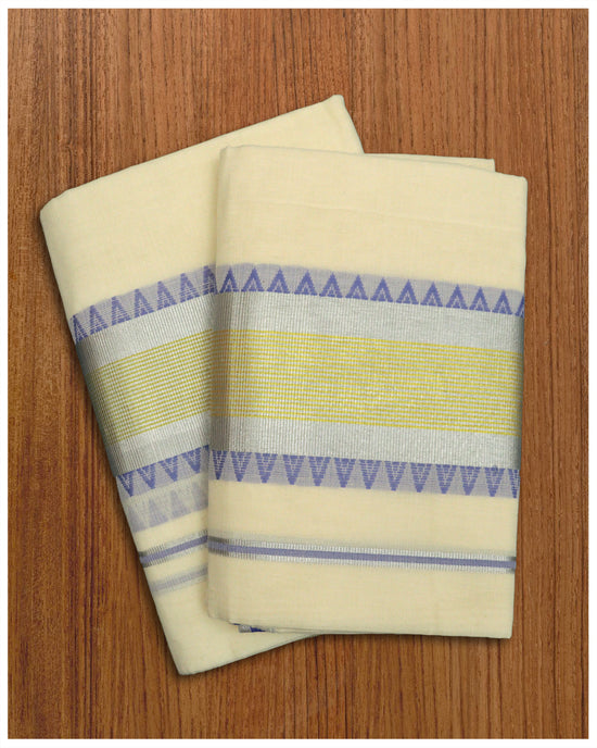 Kasavu-Silver and Lavender Color Cotton Set mundu