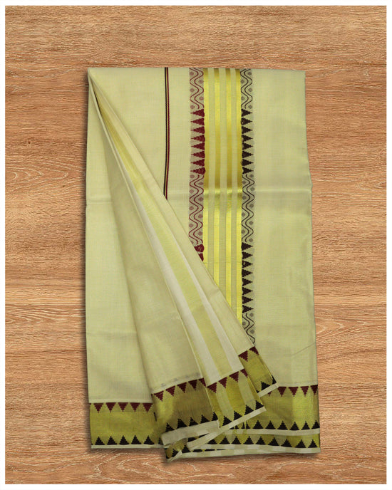 Golden Tissue Set Saree With Maroon And Black Thread Work