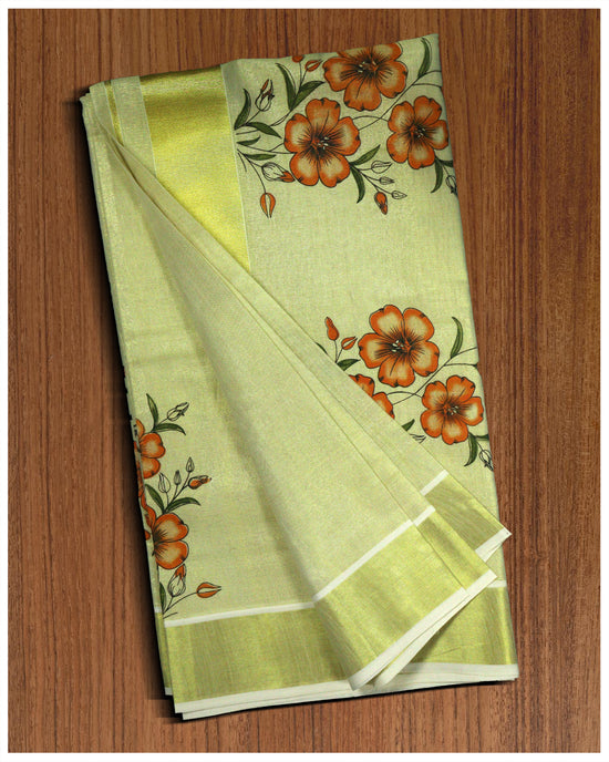 Golden Tissue Kasavu Kara Set Saree With Floral Design