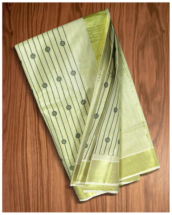 Golden Tissue  Set Saree With Kasavu Kara And Thread Work