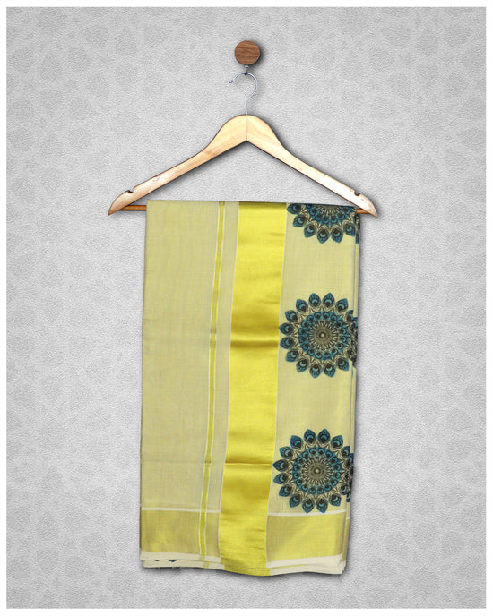 Golden Tissue Set Saree With Blue Mandala Design