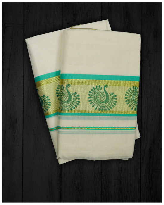 Teal Green and Kasavu Kara Cotton Set Mundu