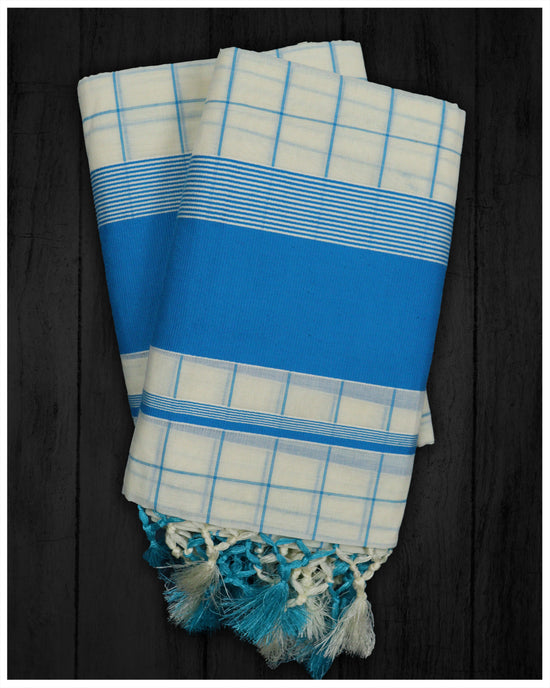Blue Check With Blue Kara Cotton Set Mundu