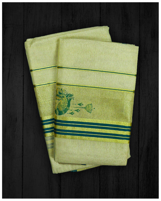 Golden Tissue With Kasavu and Teal Blue Kara Set Mundu