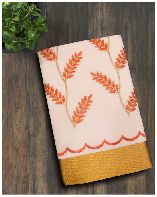 Cotton Set Saree With Golden Kara and Orange Thread Work
