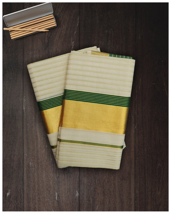 Cotton Set Mundu With Kasavu and green Kara golden stripes