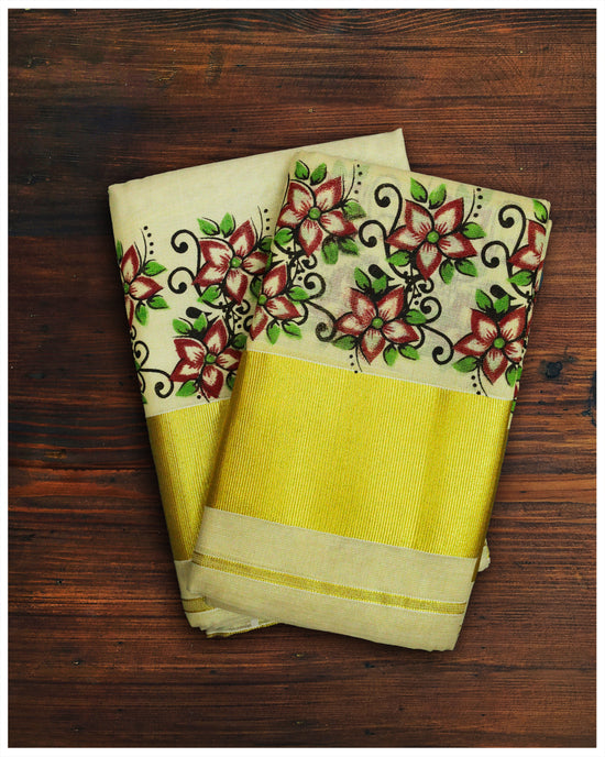Golden Tissue Set Mundu With Kasavu Kara and Flower Print