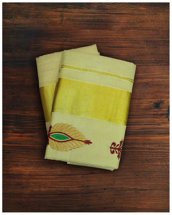 Golden Kasavu Tissue Set Mundu With Design Work