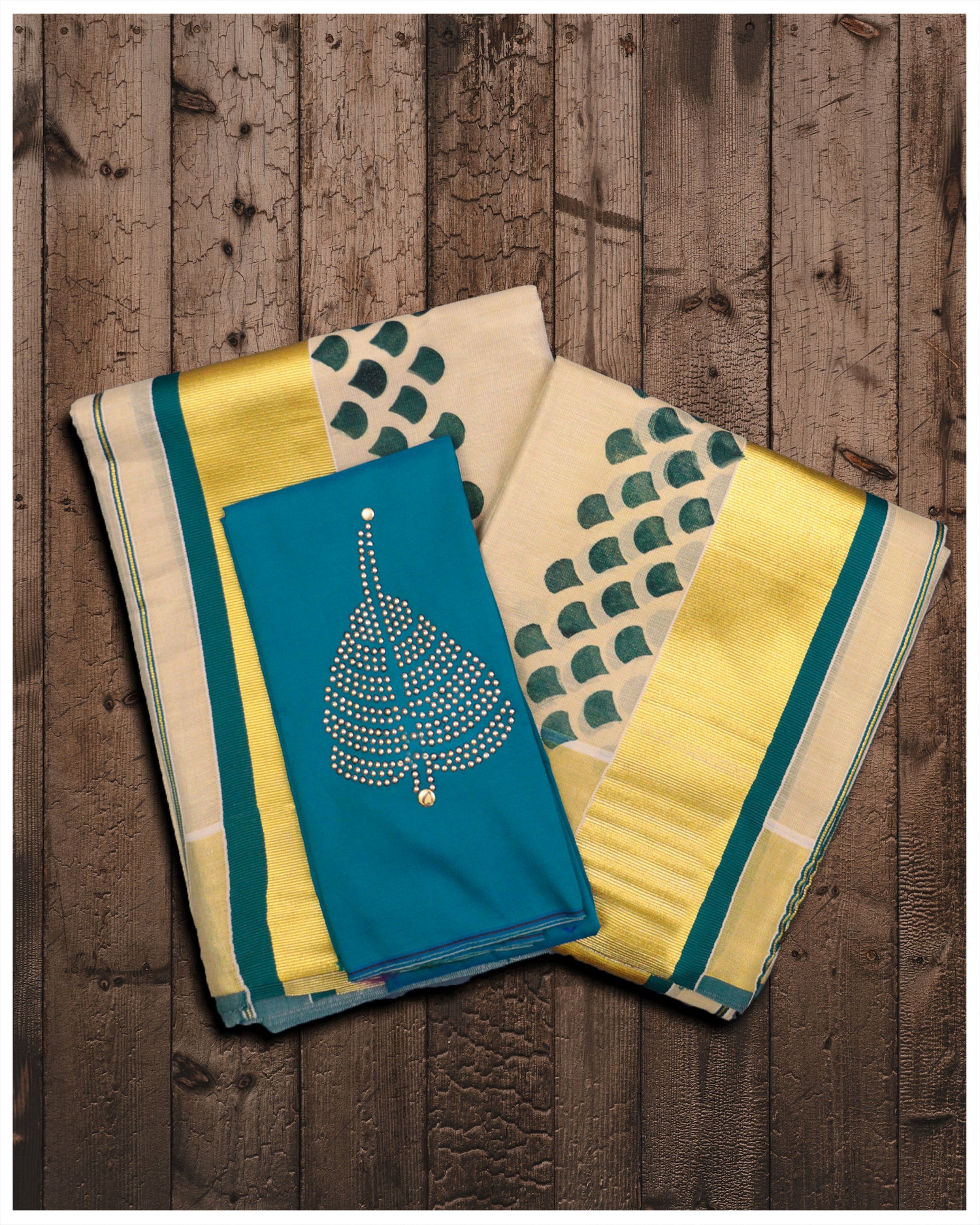 This elegant Golden Tissue Set Mundu in a stunning Gold Kara and Blue Floral Print is the perfect choice for any special occasion. This luxurious set is sure to leave a lasting impression with its intricate details and vibrant colors.
