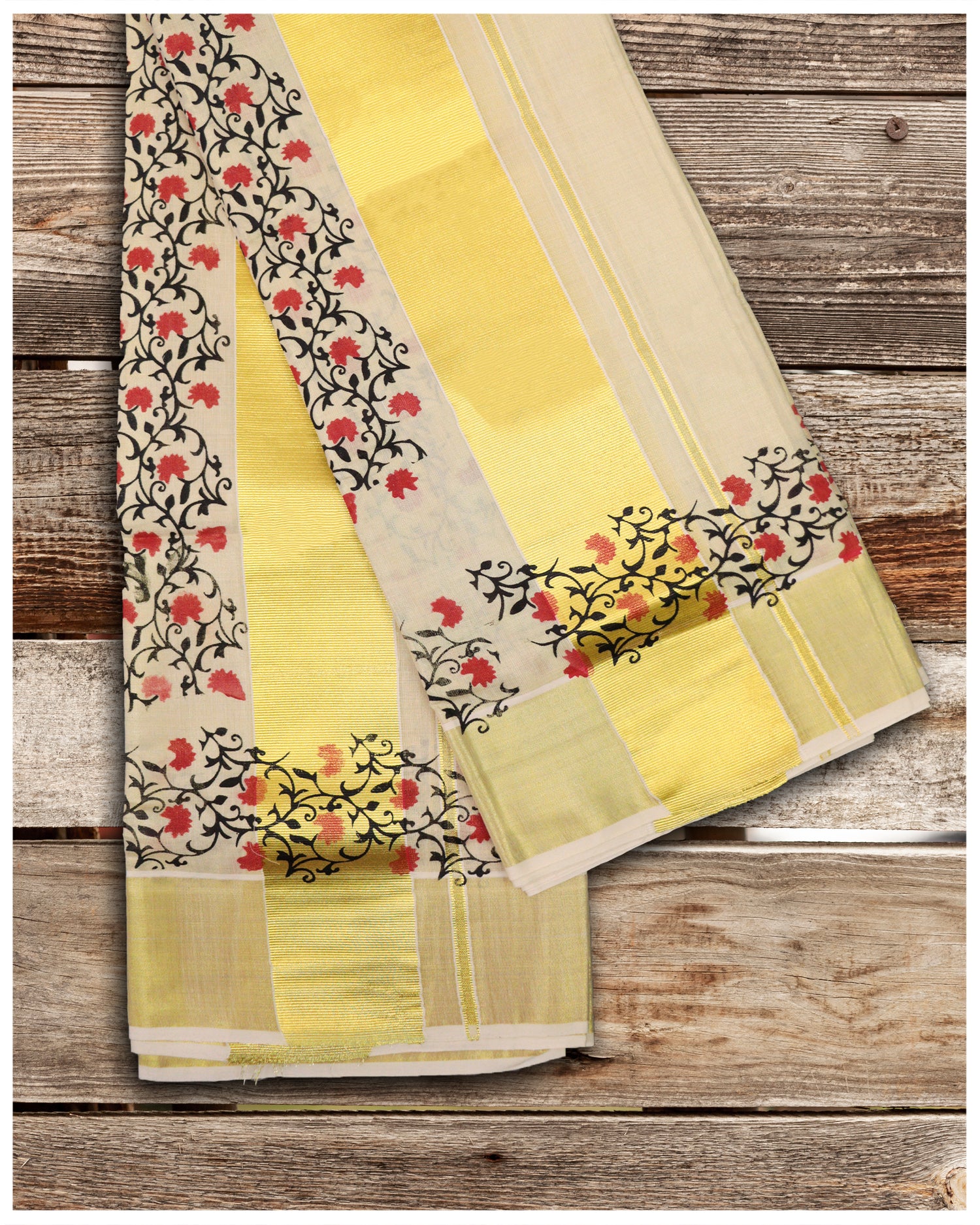 Wear traditional style with the Golden Tissue Set Mundu With Golden Kara And Floral Print. The tissue fabric is stylishly designed with a golden tissue set mundu, golden kara set mundu, and an attractive floral print. It is perfect for festive occasions and makes an eye-catching traditional look.