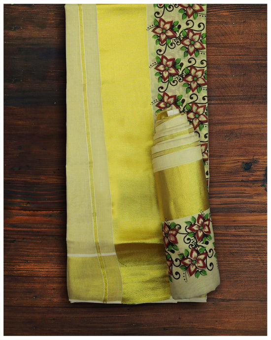 Golden Tissue Set Mundu With Kasavu Kara and Flower Print