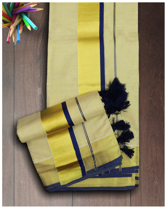Golden Tissue Set Mundu With Kasavu and Blue Kara