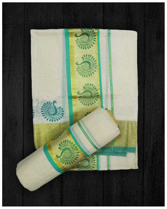 Teal Green and Kasavu Kara Cotton Set Mundu
