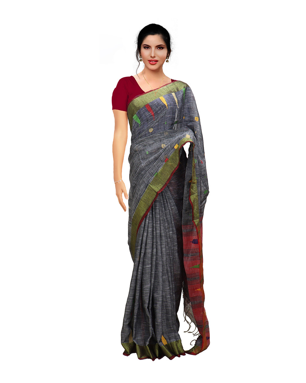 Grey and Red Daily  Wear Linen Saree Sarees sreevalsamsilks
