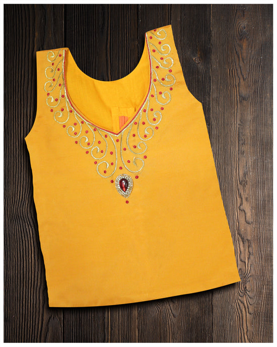 Yellow Blouse With Red Color Pattu Pavadai