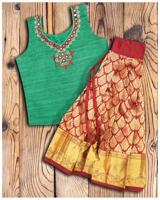 Green Blouse With Red Color Pattu Pavadai