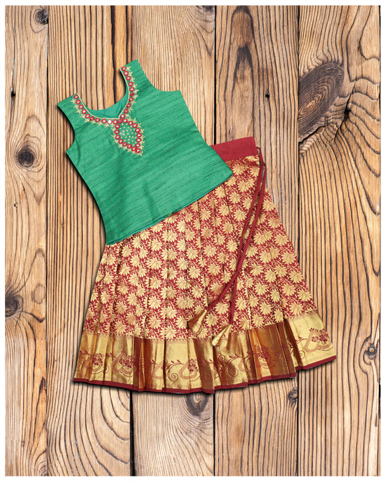 Green Blouse With Red Color Pattu Pavadai