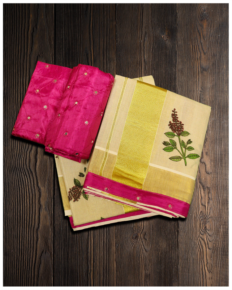 set mundu online  Set Mundu  Set munde  set mund online  set mund  online set munde  onam set mundu  Gold with Green Flower Print With Rani pink Blouse Set Mundu  Gold with Green Flower Print With Rani pink Blouse Set Mund