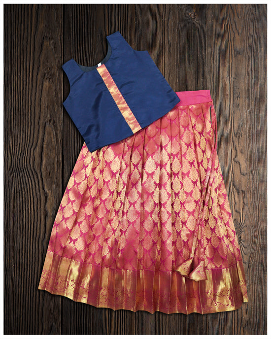 Navy Blue Blouse With Rose Color Pattu Pavadai