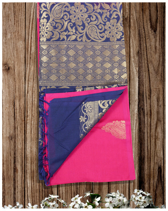 Pink And Navy Blue Color Cotton Silk Saree