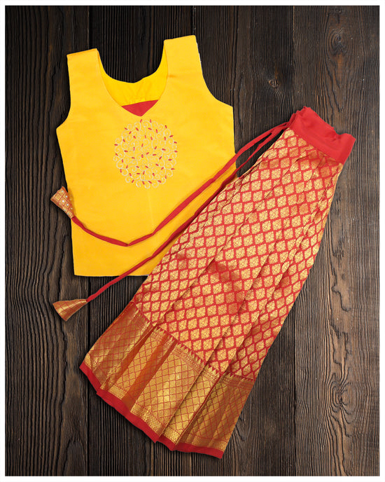 Yellow Blouse With Red Color Pattu Pavadai