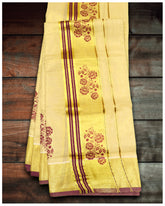 set mundu online  Set Mundu  Set munde  set mund online  set mund  online set munde  onam set mundu  Golden Tissue Fabric With Gold and Maroon Printed Set Mundu  Golden Tissue Fabric With Gold and Maroon Printed Set Mund
